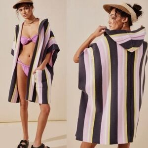 Free People Hooded Striped Poncho Cardigan Pink Boho Festival Beach Cover Up FP